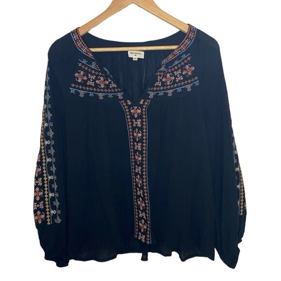 World Market Black V-Neck Embroidered Long Bishop Sleeve Loose Fit Top - Picture 1 of 4